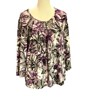 Alfred Dunner Top Purple Beaded Floral 3/4 Sleeve Blouse Stretch Women's L